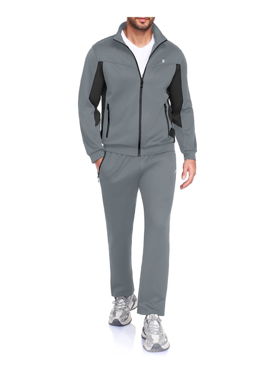 Men's 2 Piece Full Zip Tracksuit Set, 4 Way Stretch Breathable Athletic Outfit with Reflective Details & Zipper Pockets, for Gym Running Outdoor, Dark Gray 2XL
