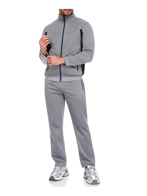 Men's 2 Piece Full Zip Tracksuit Set, 4 Way Stretch Breathable Athletic Outfit with Reflective Details & Zipper Pockets, for Gym Running Outdoor, Light Grey 2XL