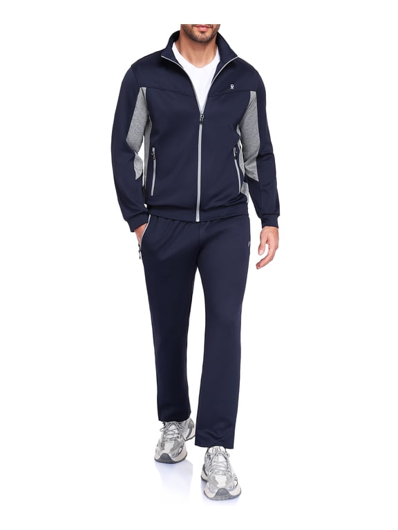 Men's 2 Piece Full Zip Tracksuit Set, 4 Way Stretch Breathable Athletic Outfit with Reflective Details & Zipper Pockets, for Gym Running Outdoor, Navy Blue XL
