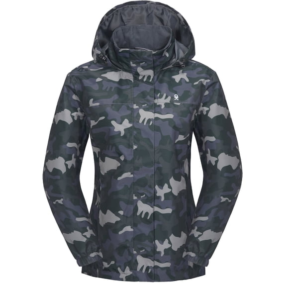Little Donkey Andy Waterproof Rain Jacket for Women, UV Protection Lightweight Hooded Raincoat for Hiking, Travel (Black Grey Camouflage L)