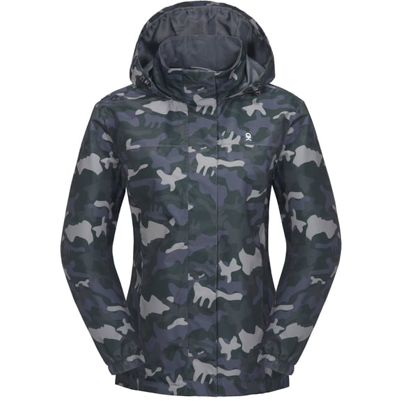 Little Donkey Andy Waterproof Rain Jacket for Women, UV Protection Lightweight Hooded Raincoat for Hiking, Travel (Black Grey Camouflage S)