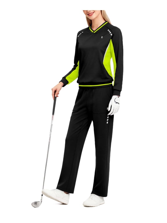 Women's 2Pc V Neck Tracksuit, 4 Way Stretch Breathable Reflective for Golf Running Casual Black Neon Green 2XL