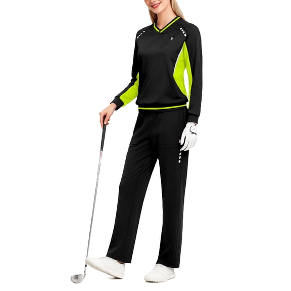 Women's 2Pc V Neck Tracksuit, 4 Way Stretch Breathable Reflective for Golf Running Casual Black Neon Green M