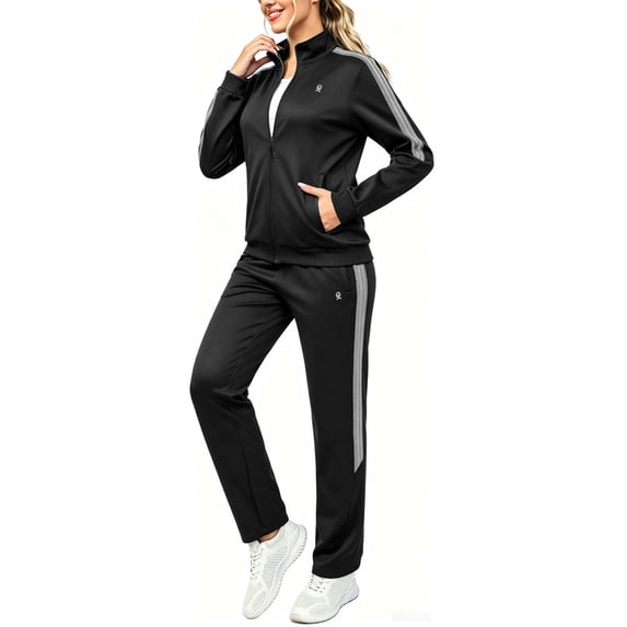 Women's 2Pc Full Zip Tracksuit, 4 Way Stretch with Reflective Stripes & Zipper Pockets for Golf Running Gym Black L