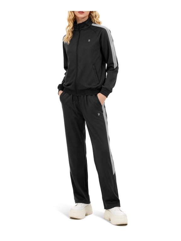 Women's 2Pc Full Zip Tracksuit, 4 Way Stretch with Reflective Stripes & Zipper Pockets for Golf Running Gym Black XL