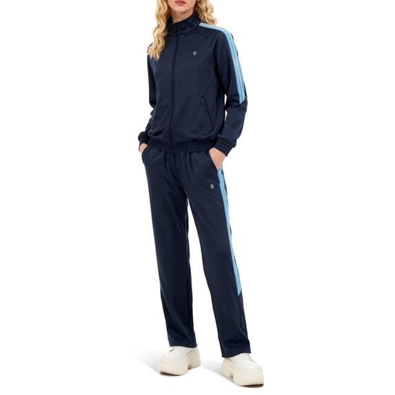 Women's 2Pc Full Zip Tracksuit, 4 Way Stretch with Reflective Stripes & Zipper Pockets for Golf Running Gym Dark Blue M