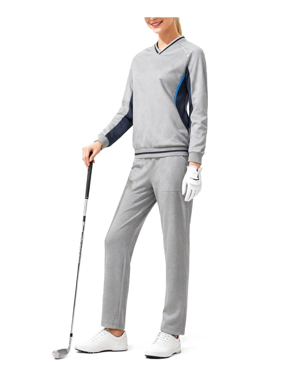 Women's 2Pc V Neck Tracksuit, 4 Way Stretch Breathable Reflective for Golf Running Casual Light Gray Navy L