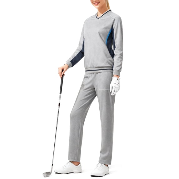 Women's 2Pc V Neck Tracksuit, 4 Way Stretch Breathable Reflective for Golf Running Casual Light Gray Navy S