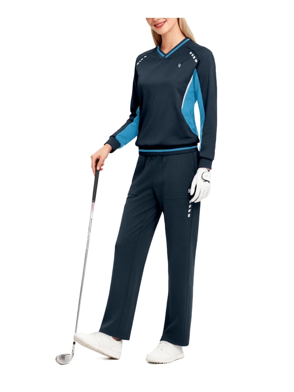 Women's 2Pc V Neck Tracksuit, 4 Way Stretch Breathable Reflective for Golf Running Casual Navy Light Blue L