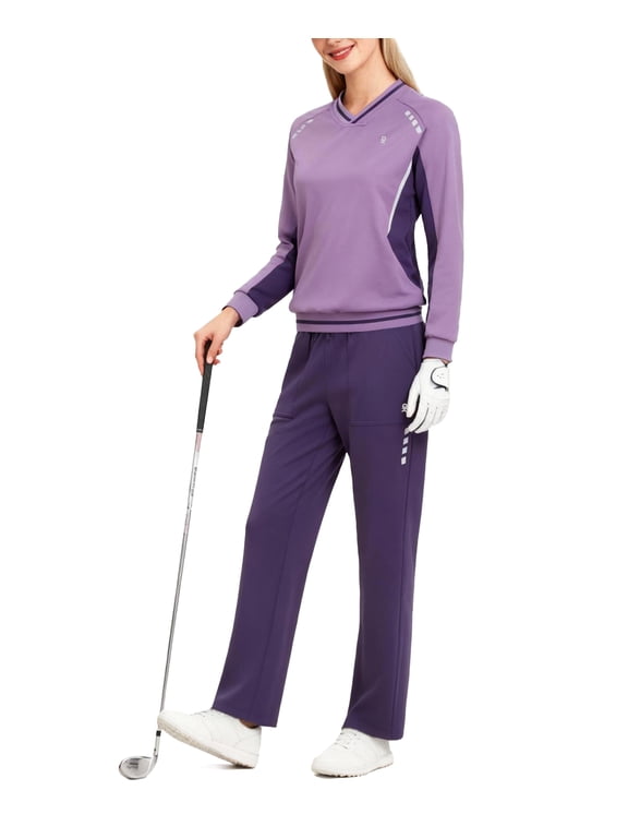 Women's 2Pc V Neck Tracksuit, 4 Way Stretch Breathable Reflective for Golf Running Casual Purple XL