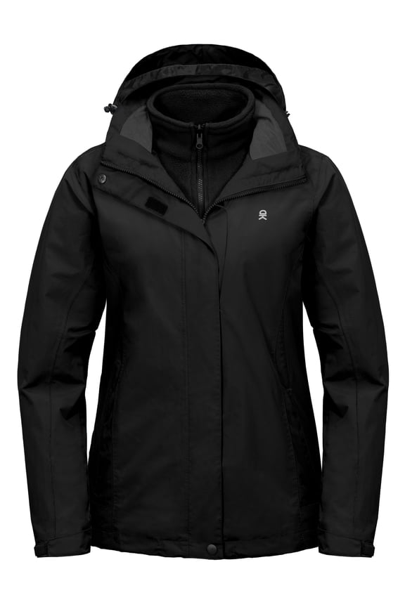 Women's 3 in 1 Winter Ski Jacket Warm Fleece Liner Jacket Waterproof Windproof Snow Coat & Detachable Hood Black S