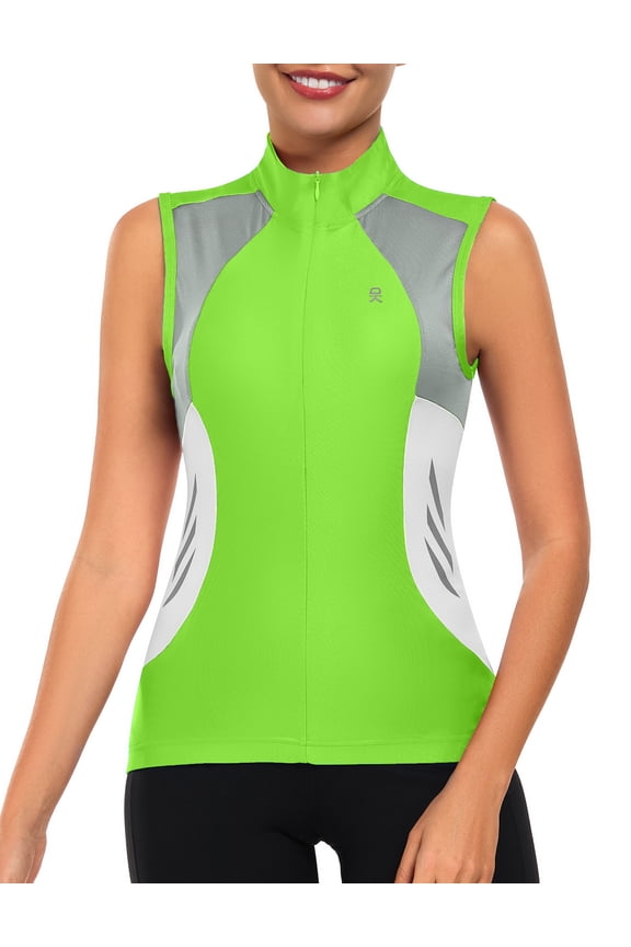 Women's Half Zip Breathable Cycling Vests Reflective Sleeveless Jerseys Shirts Running 4 Rear Pockets Fluorescent Yellow M