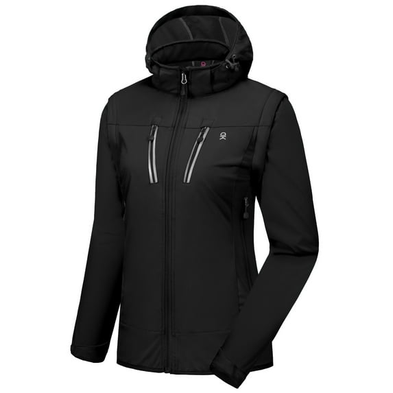 Little Donkey Andy Women's Lightweight Hiking Jacket with Detachable Sleeves and Hood, Softshell Jacket Windbreaker for Golf Running Black Large