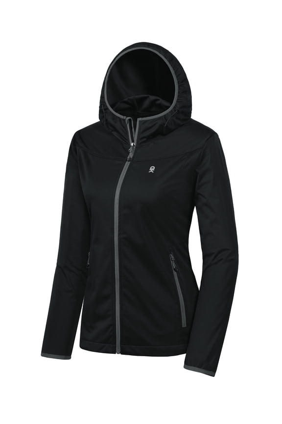 Women's Lightweight Hooded Softshell Jacket for Running Travel Hiking, Windproof, Water Repellent Black Size XL