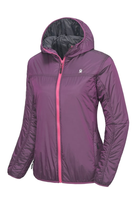 Women's Lightweight Packable Puffer Jacket Insulated Winter Coat Water Resistant Hooded Outdoor Windbreaker for Hiking Traveling Camping, Type B Insulation Purple L