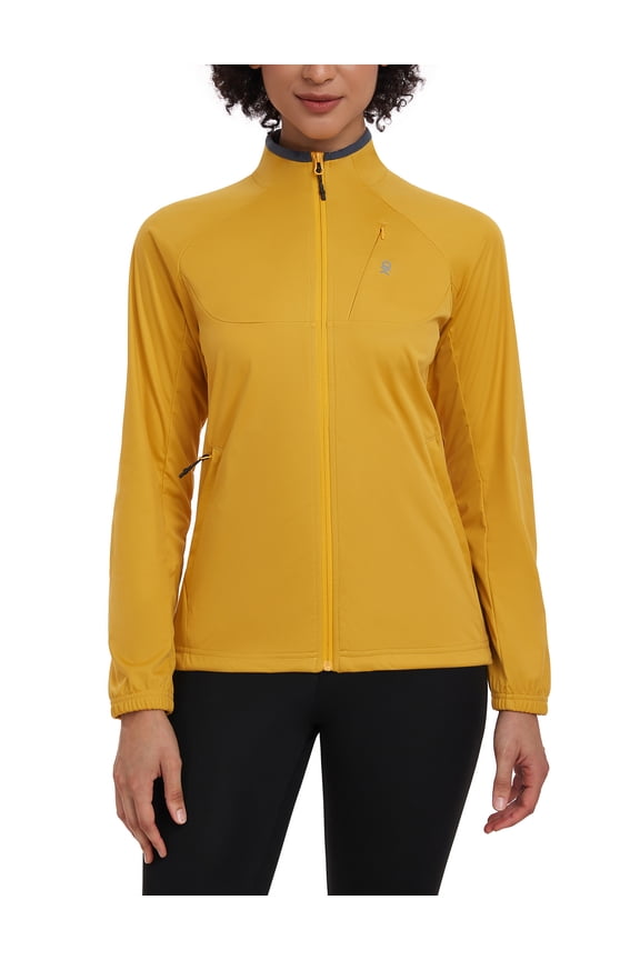 Women’s Lightweight Softshell Jacket for Running Cycling, Water Repellent Windbreaker with Zipper Pockets Turmeric S