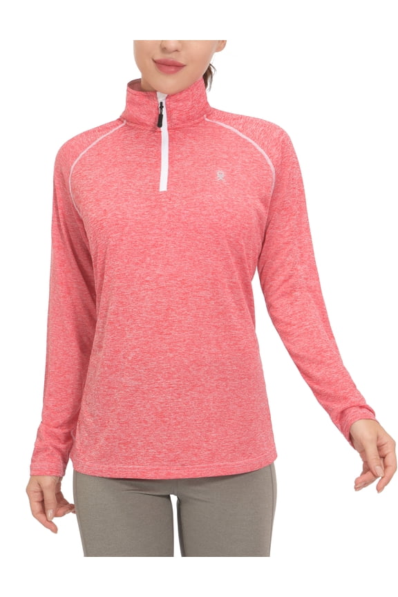 Women's Long Sleeve Quarter Zipper Running T-Shirts Quick Dry Lightweight Top for Sports Exercise Hibiscus Heather XL