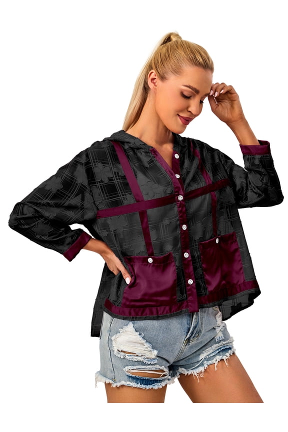Women's Mesh Sheer Long Sleeve Top Button Down Hollow Out Hoodie See Through Lightweight Floral Summer Bomber Jacket Black & Dark Red XXL