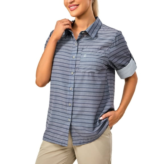 Little Donkey Andy Women's Quick Dry Button Down Shirts, Lightweight Long Sleeve Outdoor Shirts for Hiking Fishing Safari ( Black Stripe XS )