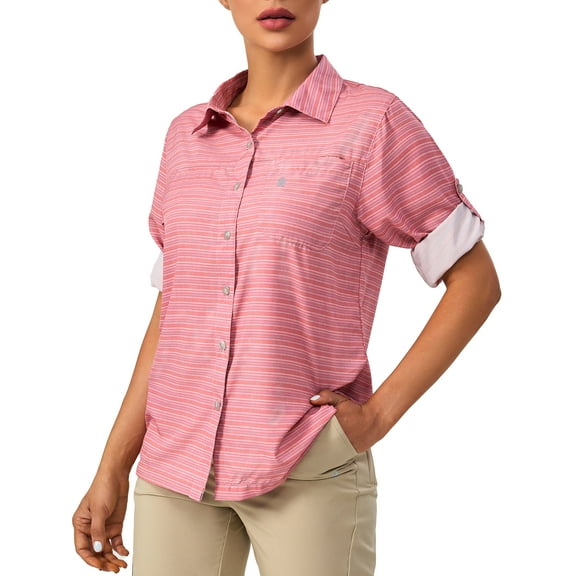 Little Donkey Andy Women's Quick Dry Button Down Shirts, Lightweight Long Sleeve Outdoor Shirts for Hiking Fishing Safari ( Pink Stripe XS )
