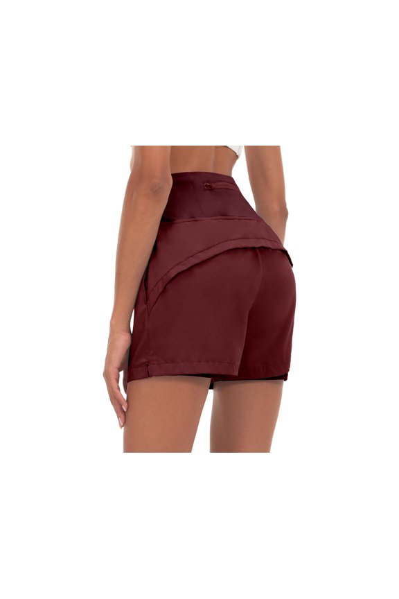 Women's Quick-Dry Running Shorts, High Waist Stretch Workout Hiking Bicycle Athletic Shorts with Liner Dark Red XL