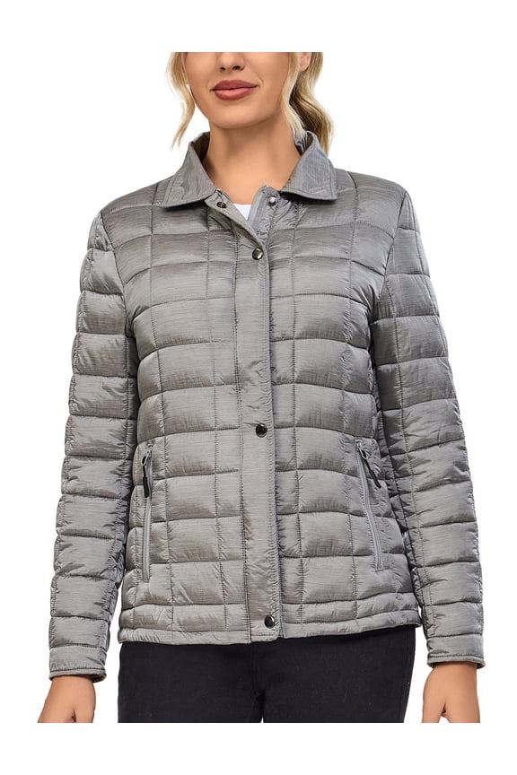 Women's Quilted Puffer Jacket Lightweight Insulated Jacket Full Zip Thermal Padded Winter Coat with Pockets Light grey XXL