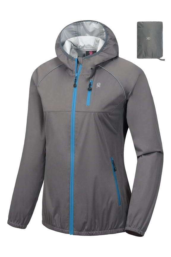 Women's Rain Cycling Stretch Jacket with Hood, Windproof and Waterproof, Ultralight Packable Gray Size M