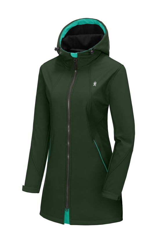 Women's Softshell Fleece Lined Jacket with Hood Windbreaker Insulated Long Warm Rain Jacket (Dark Green L)