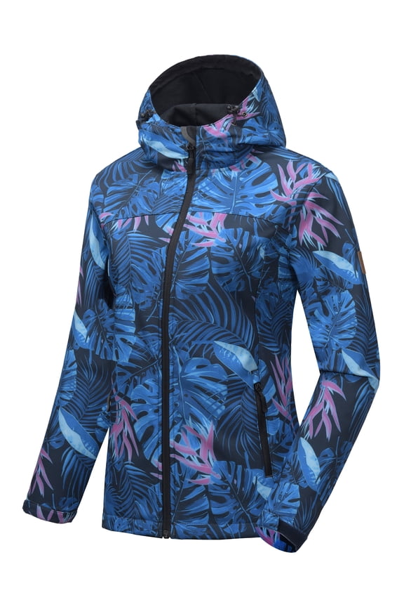 Women's Softshell Jacket Hooded Windproof Fleece Lined Jackets, Water Repellent and Lightweight Forest Floral M
