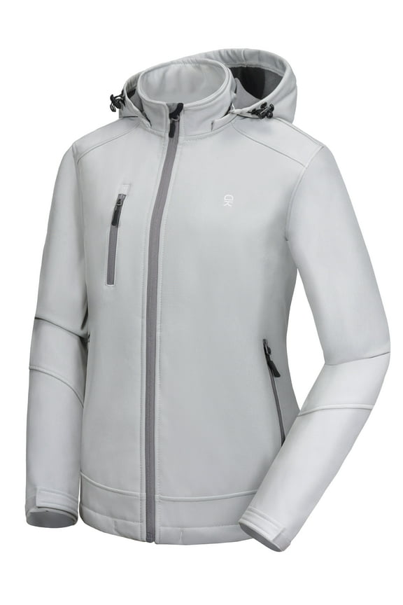 Women’s Softshell Jacket, Ski Snowboarding Jacket with Removable Hood, Fleece Lined and Water Repellent Light Gray L