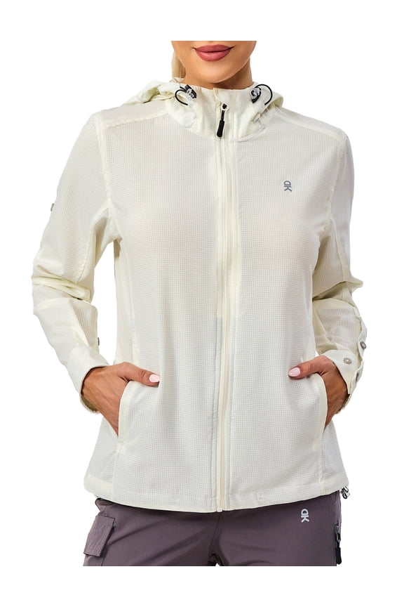 Women's UPF 50+ Hoodie Jackets Long Sleeve Breathable Lightweight Hiking Shirt, Air-Holes Tech, White Small