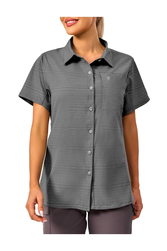 Women's UV Breathable Striped Shirt, Short Sleeve Button Down for Shirt Travel Camping(Gray M)