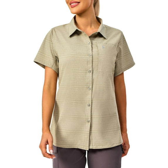 Little Donkey Andy Women's UV Breathable Striped Shirt, Short Sleeve Button Down for Shirt Travel Camping(Khaki L)