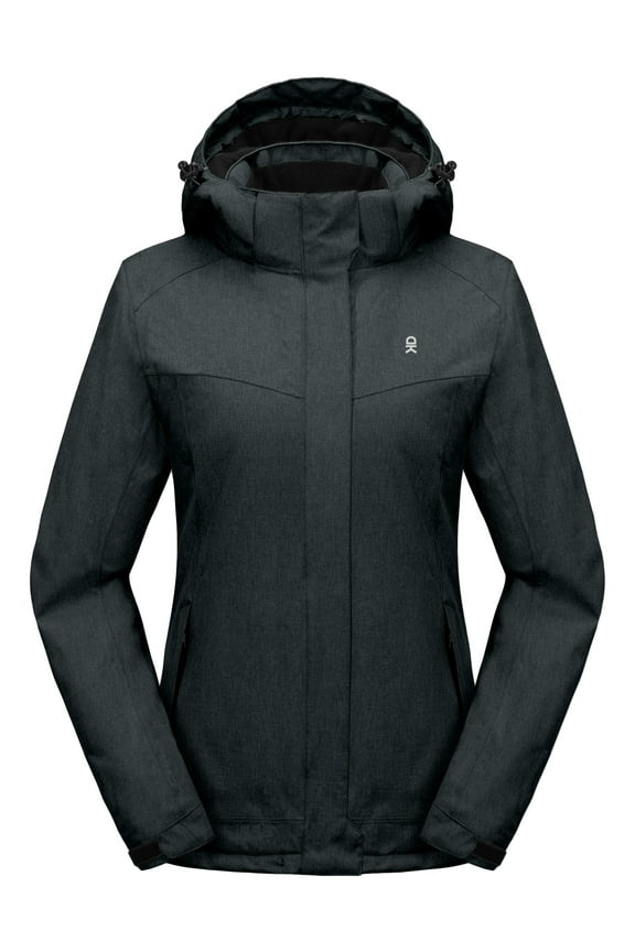 Women's Waterproof Hiking Skiing Jacket with Removable Hood, Fleece Lined Winter Warm Rain Coat Black XL
