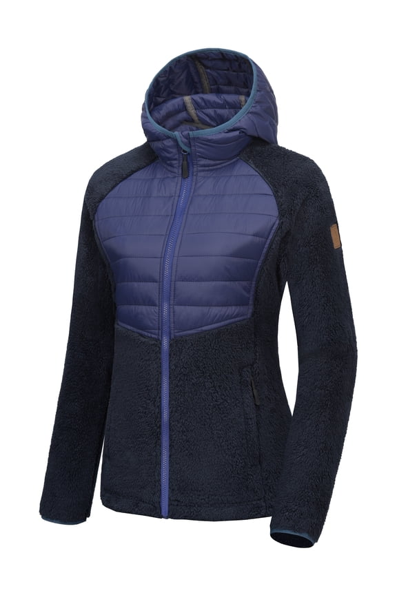 Womens Insulated Hiking Jacket Warm Sherpa Fleece Zip Up Running Hybrid Jacket Hooded Light Soft Deep Blue M