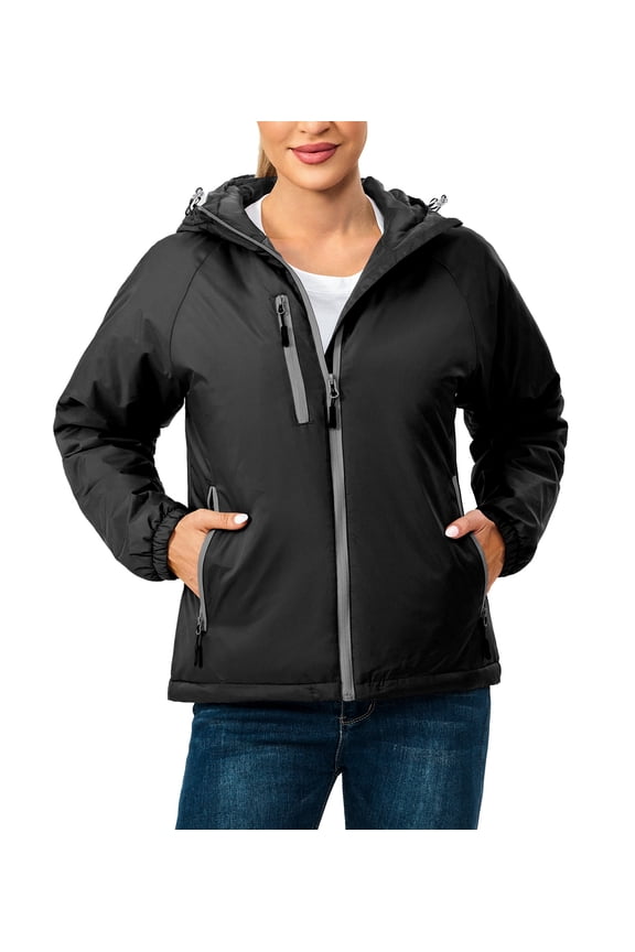 Womens Warm Recycle Insulated Jacket Hooded Lightweight Windproof Winter Coat Hiking Travel Black XL