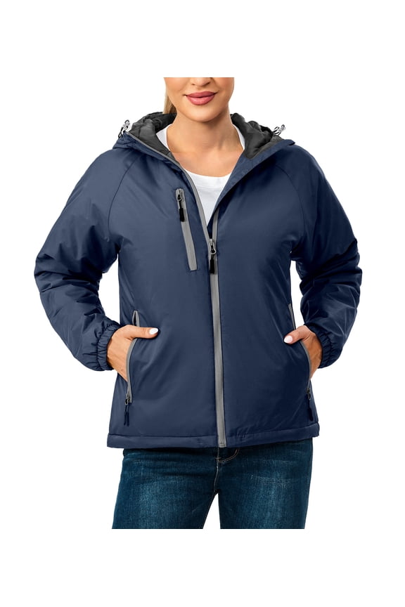 Womens Warm Recycle Insulated Jacket Hooded Lightweight Windproof Winter Coat Hiking Travel Dark Blue XL