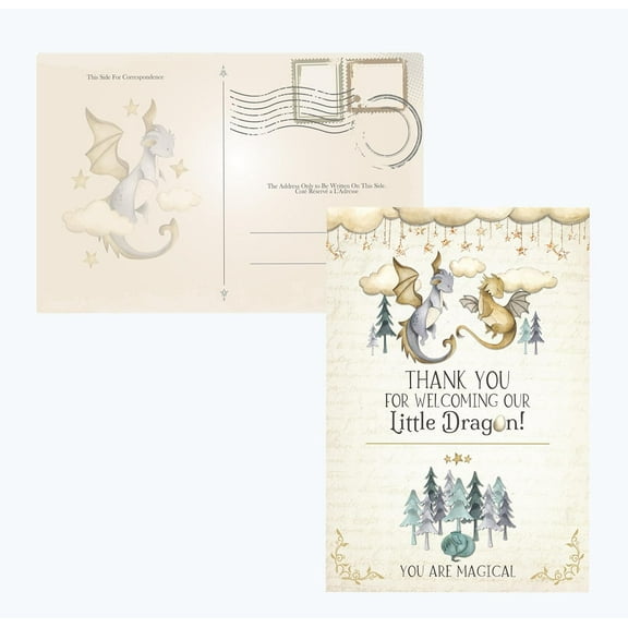A Little Dragon Is On The Way - Themed Baby Shower Party Set - Ideal Adventure Theme For The Mother Of Dragon - Thank You Postcards and Diaper Raffle Activity Cards (Thank you Cards)