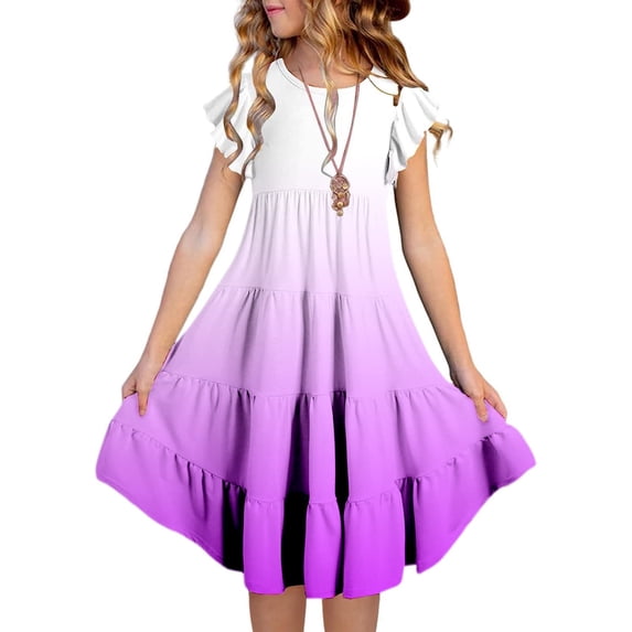 Little Dresses For Girls Round Neck Ruffle Sleeve Layered A Line Casual Gradient Princess Dress For Girls Size 8-9T