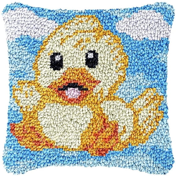 Little Duck Latch Hook Pillow Cover Kits for DIY Handmade Throw Pillow Cross Stitch Latch Hook Pillowcase Rug Kits with Preprinted Color Pattern Canvas Crochet Yarn Kits 17''X 17''(fv35)