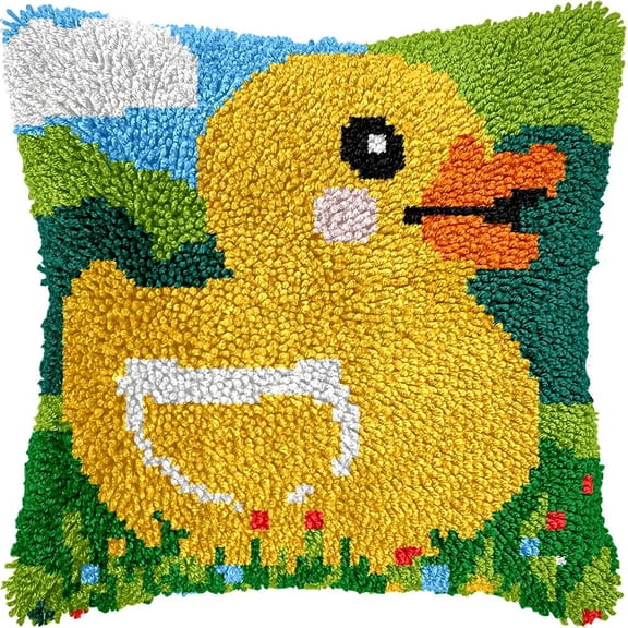 Little Duck Latch Hook Pillow Cover Kits for DIY Handmade Throw Pillow Cross Stitch Latch Hooking Pillowcase Kits with Preprinted Color Pattern Canvas Crochet Yarn Kits 17''X 17''(7-48)