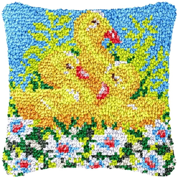 Little Ducks Latch Hook Kits Pillow Cover DIY Rug Making Crochet Hook Cushion Making Kits with Preprinted Pattern Canvas DIY Needlework Crochet Kits Sofa Decor 43x43cm