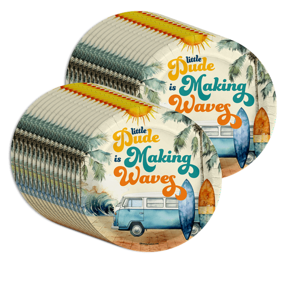 Little Dude Making Waves Baby Shower Party Supplies Large 9" Paper Plates in Bulk 32 Piece