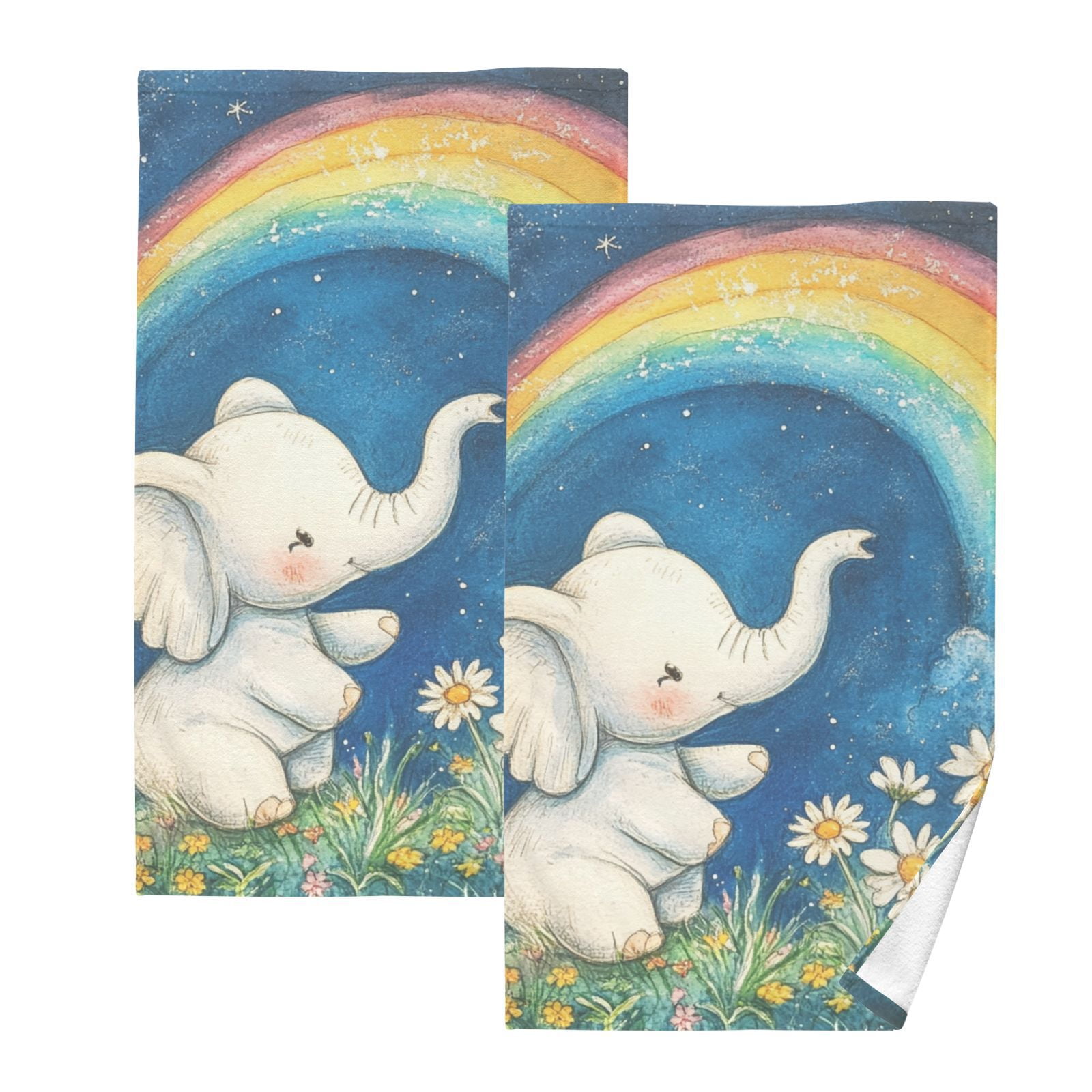 Little Elephants Rainbow Hand Towels Cotton Bath Towels Large Face Towels Absorbent for Bathroom 2 Packs