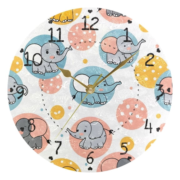 Little Elephants in Circles Round Wall Clock Silent Analog Battery Operated Gold Pointer Home Decor 9.84" Diameter