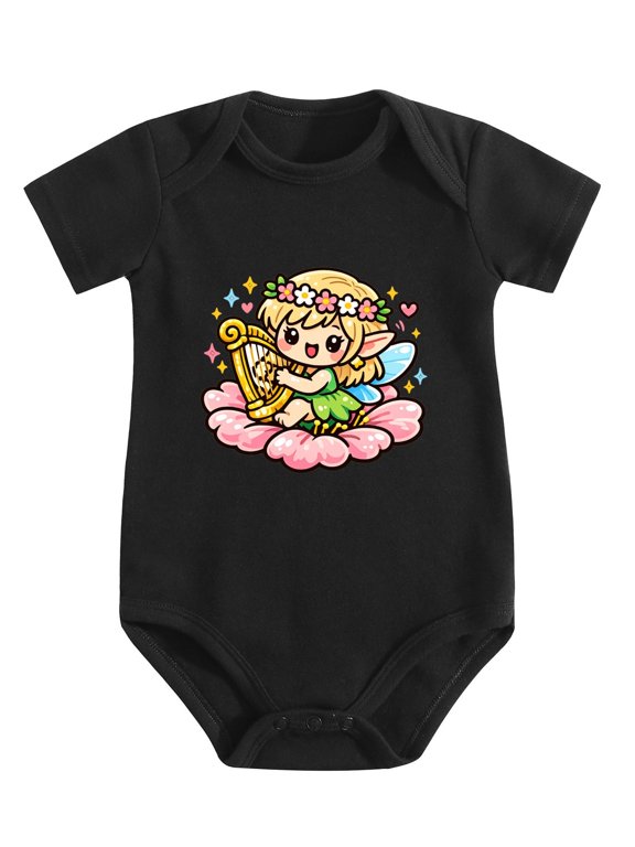 Little Elf Playing Golden Harp Baby Bodysuit, 100% Cotton Short Sleeve Snap Romper, 0-12 Months