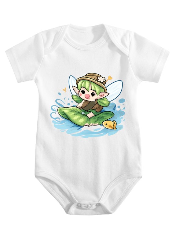 Little Elf Surfing On Lotus Baby Bodysuit, 100% Cotton Short Sleeve Snap Romper, 0-12 Months