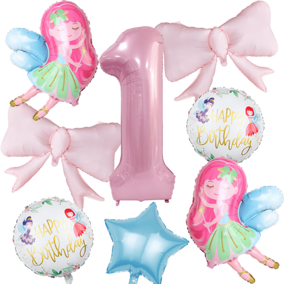 Little Fairy Digital Balloon Set withTwo elegant pink bow Suitable for Girls' Birthday Parties Decoration.