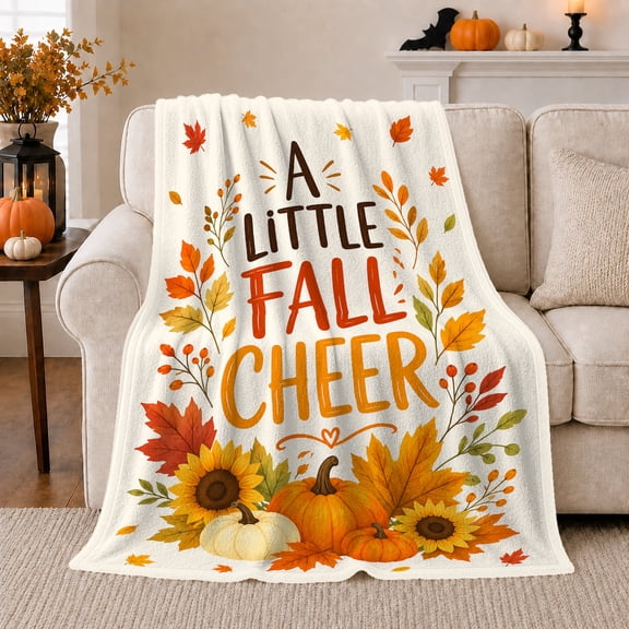 Little Fall Cheer Autumn Harvest Pumpkin Maple Leaf, Festive Rustic Scene, Warm Flannel Blanket for Ranch House and Living Room, Animal Lovers Thanksgiving Gift, Rustic Home Decor