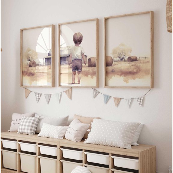 Little Farm Boy Print Farmhouse Nursery Decor Countryside Landscape Farm Theme Set 3 Unframed Paper Print 12x18